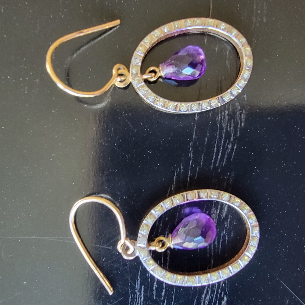 Elegant 14 Kt Gold and Amethyst And Diamond Teardrop Earrings